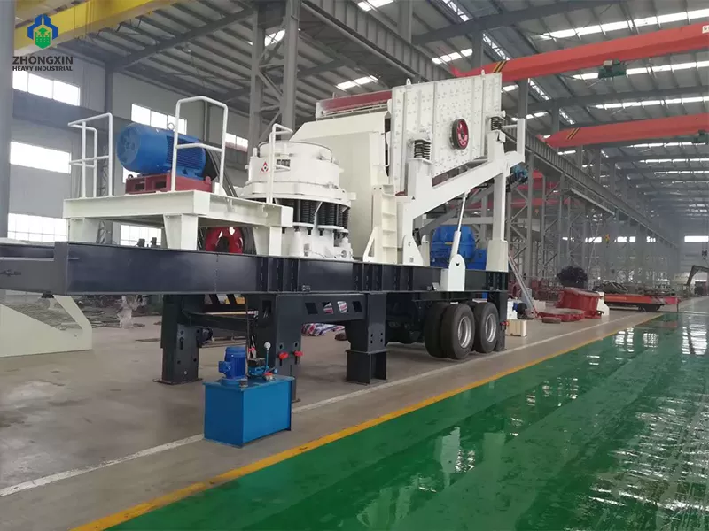 Mobile cone crusher factory assembly line showing tracked undercarriage