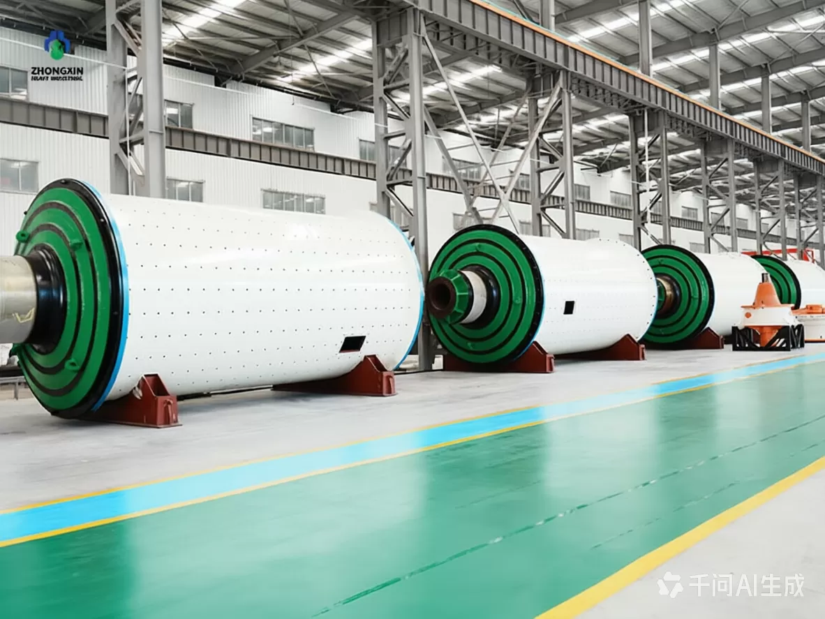 Ball mill manufacturing process in workshop with heavy industrial equipment assembly