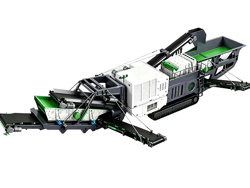 Mobile impact crushing plant side view showing vibrating feeder and discharge belt