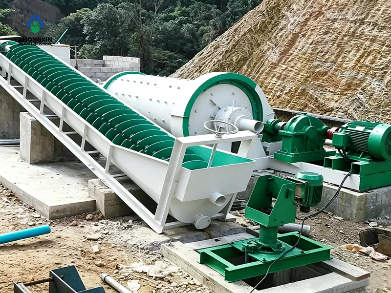 Spiral classifier and ball mill forming a closed circuit grinding system in mining plant