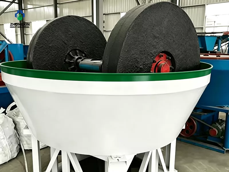 Spacious wet pan mill manufacturing workshop with assembled gold grinding equipment