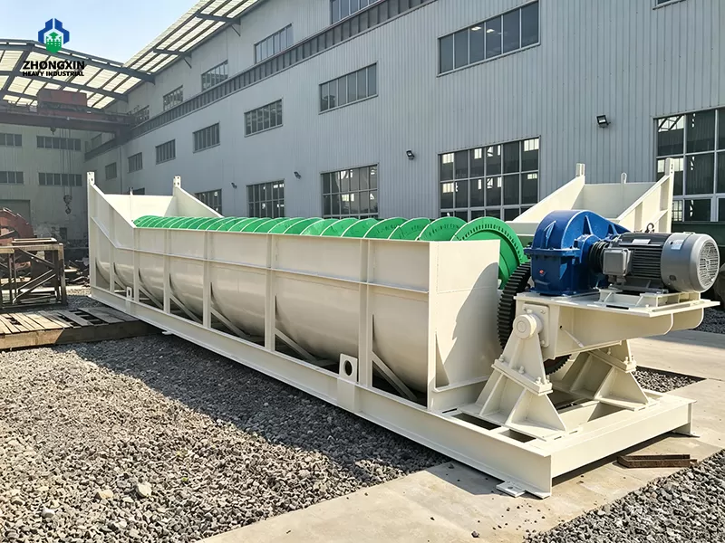Finished premium green spiral sand washer ready for quality inspection in the manufacturing plant.
