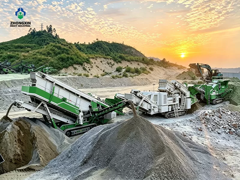 Tracked mobile stone sand crusher processing cobblestone at construction aggregate quarry site