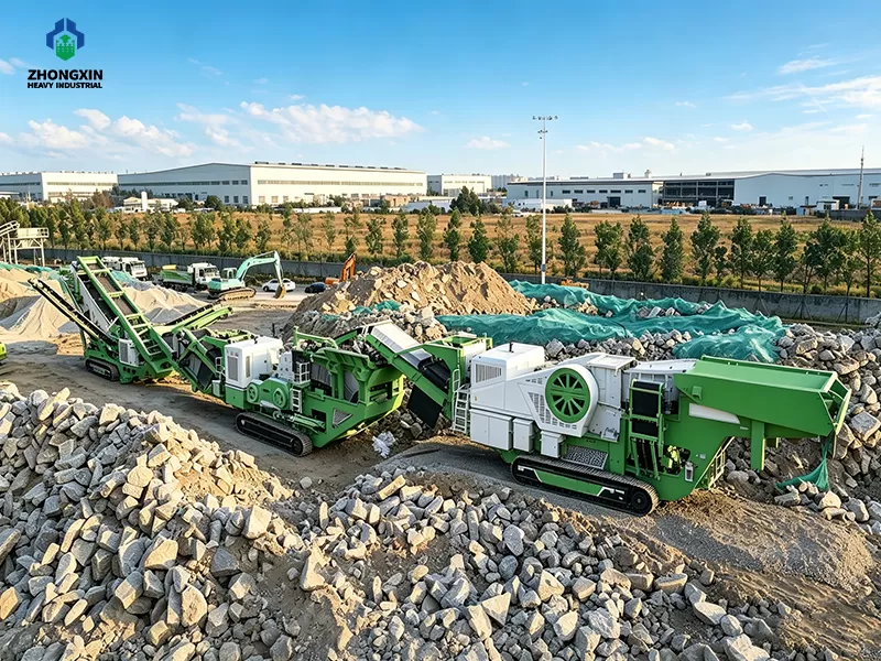Heavy duty crawler mobile sand crushing production line operating in mountain stone mine site