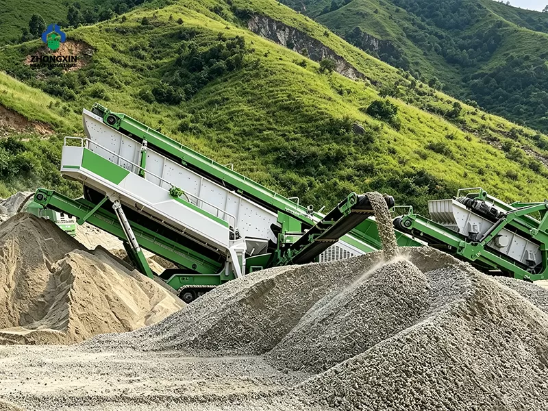 Mobile vertical shaft impact sand maker discharging crushed gravel at mountain quarry work scene