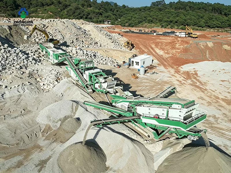 Real working rendering of hydraulic crawler mobile sand station at open mine gravel yard