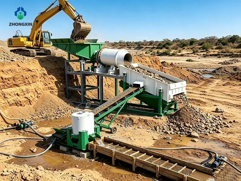 Centrifugal gold concentrator recovering fine placer gold in mining processing site