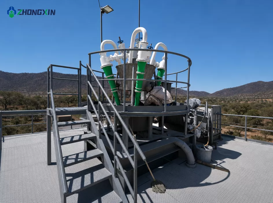 Industrial hydrocyclones installed in a large Latin American copper and gold mineral processing plant.