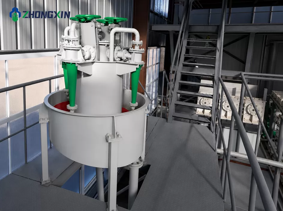 Industrial hydrocyclones integrated into a closed-circuit rod mill and ball mill grinding system.