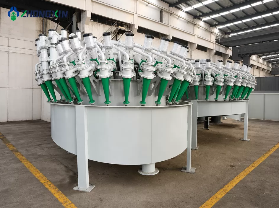 Industrial hydrocyclone manufacturing workshop showing heavy-duty polyurethane lining production.