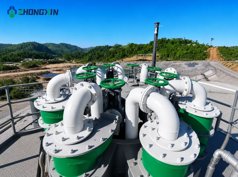 Fine sand recovery hydrocyclone unit operating in an aggregate and mineral processing line.
