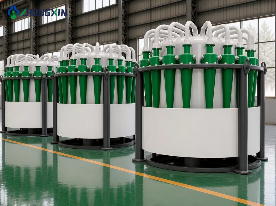 Skilled technicians assembling industrial hydrocyclone separation units.