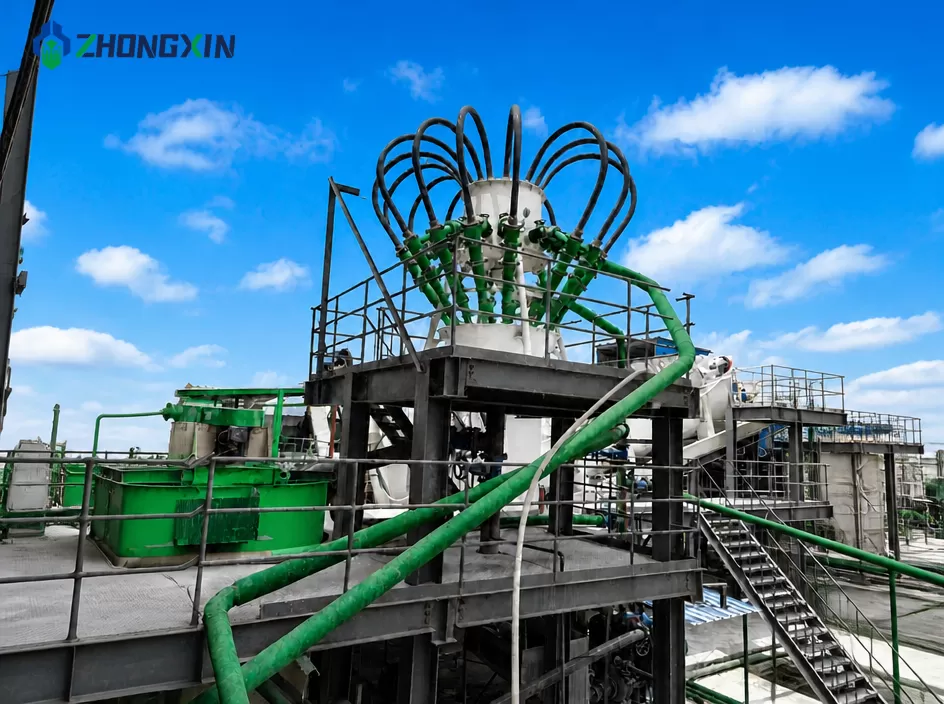 Industrial hydrocyclone system managing high-abrasion mineral slurry in a crushing plant.