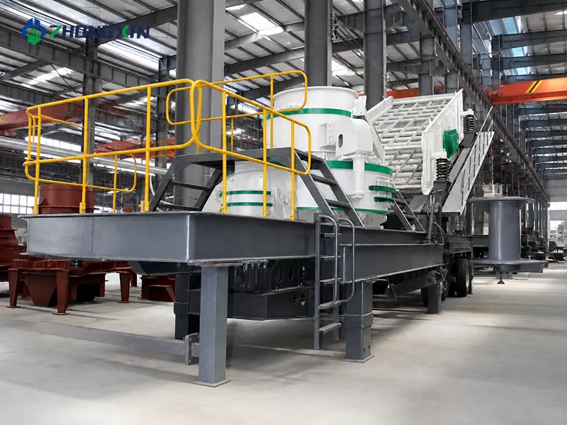 Zhongxin Heavy Industry factory floor showcasing multiple completed wheel-mounted mobile sand making machines ready for final quality inspection and dispatch