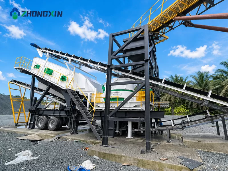 Wheel-mounted mobile sand making plant working efficiently alongside a cone crusher in a large-scale commercial quarry
