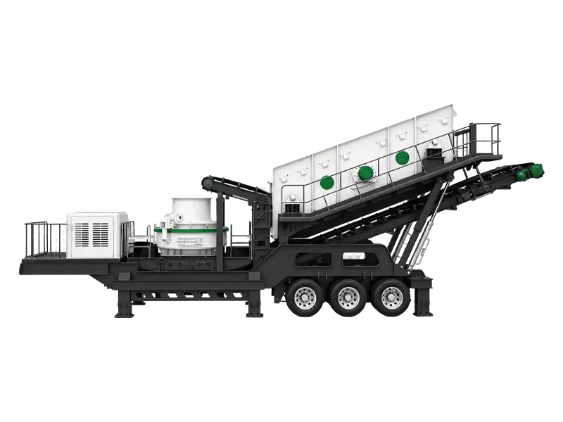 Studio cutout background image of the wheel-mounted mobile sand making machine displaying its integrated chassis, VSI crusher, and conveyor