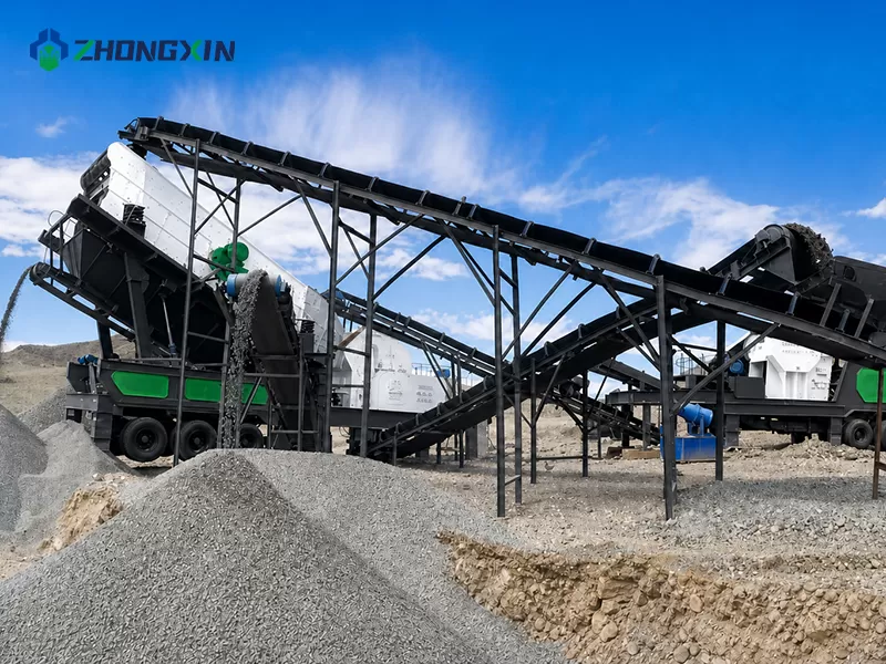 On-site view of an integrated mobile crushing and screening plant handling medium-hard rock materials
