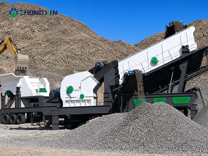A high-efficiency mobile crushing station processing construction waste into recycled aggregates on-site