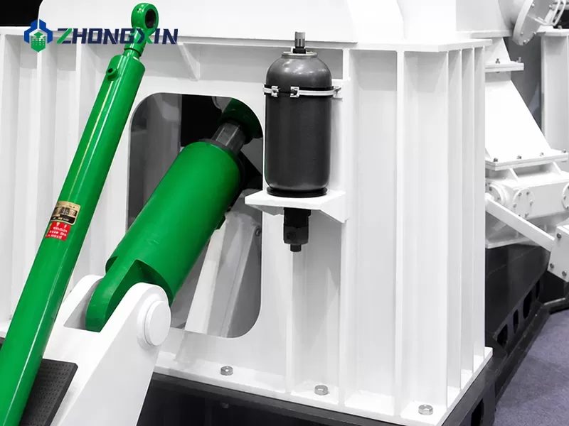 Hydraulic loading system cylinder and nitrogen accumulator for vertical roller mill pressure adjustment
