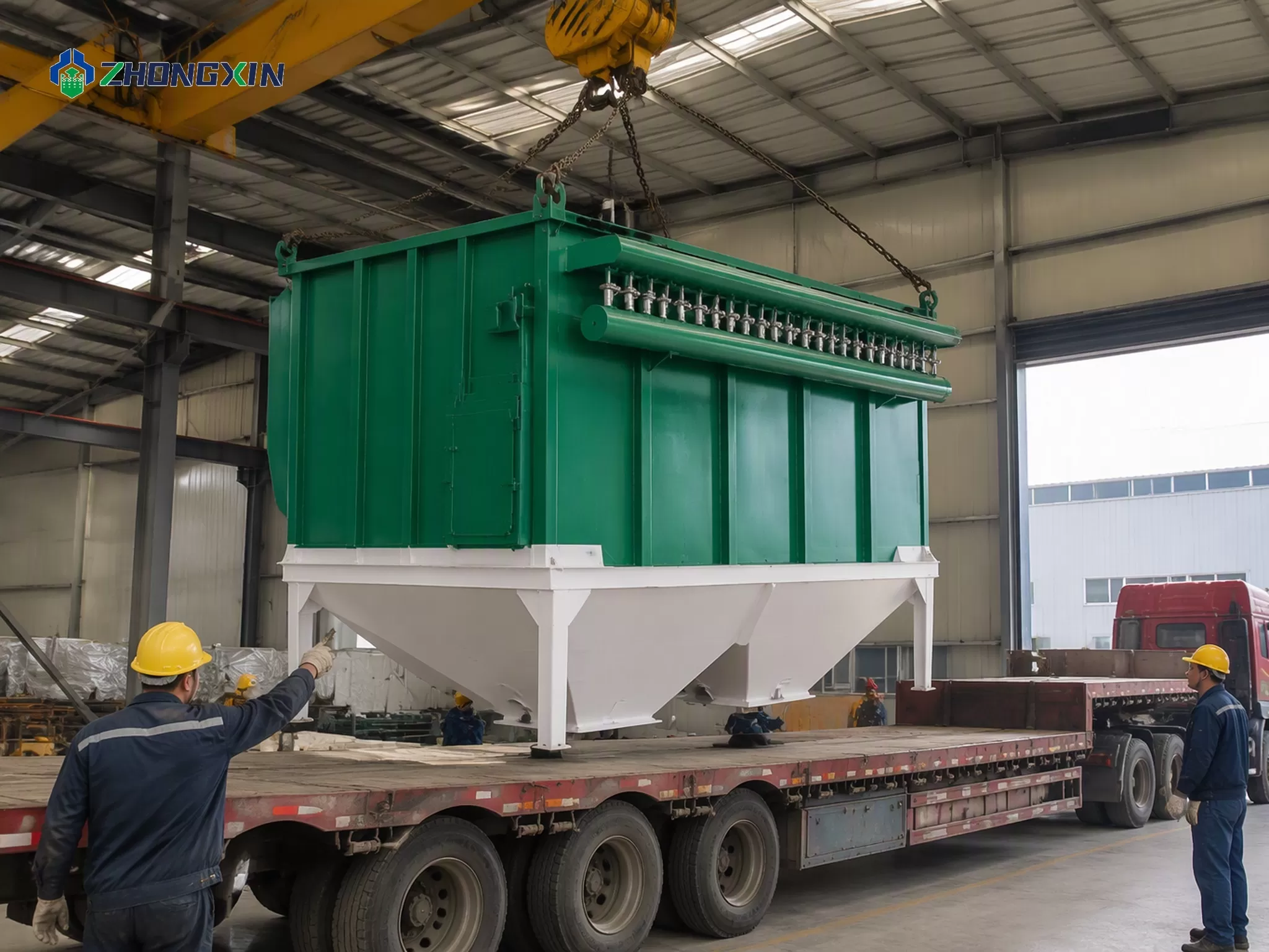 Pulse dust collector main unit on a steel frame ready for sea freight