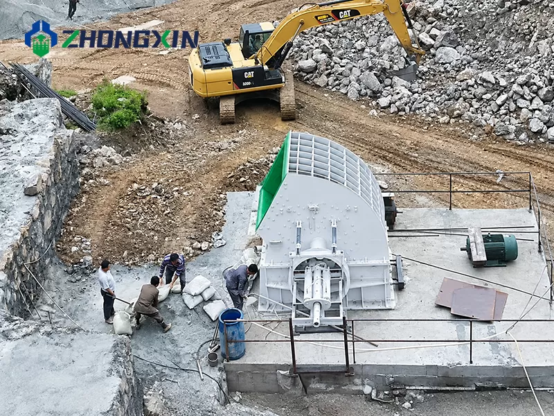 Complete aggregate processing line featuring PCZ single-stage heavy hammer crusher on site