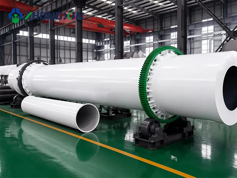 Long single-drum dryer shell laid out in the workshop before the final assembly
