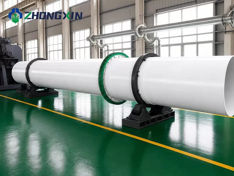 Single-drum dryer shell under the workshop roof trusses during fabrication