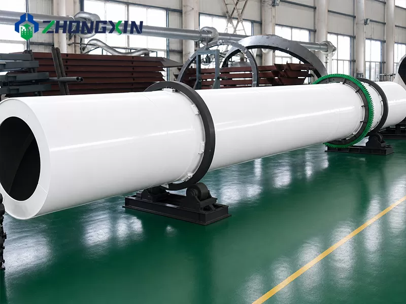 Side view of the single-drum dryer shell and drive in the assembly workshop