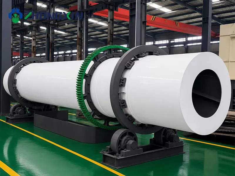 Rotary drum dryer section with a green riding ring at the end, resting on supports