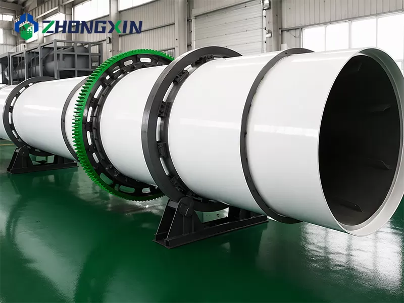 Single-drum dryer shell with green riding rings resting on the workshop floor