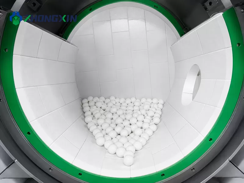 Internal view of ceramic ball mill cylinder with alumina lining and balls - Zhongxin
