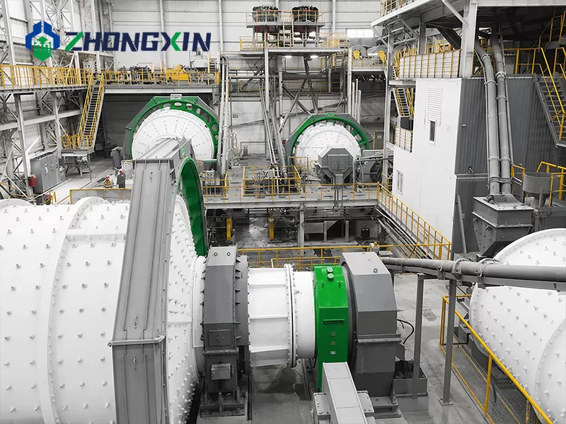 Row of autogenous mills installed in the grinding plant before commissioning