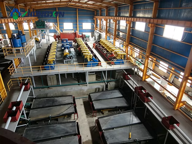 Gravity shaking table processing tin ore at beneficiation plant production