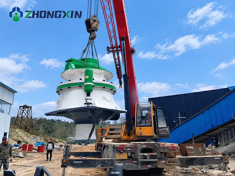 On-site crane lifting and installation of DP single cylinder hydraulic cone crusher