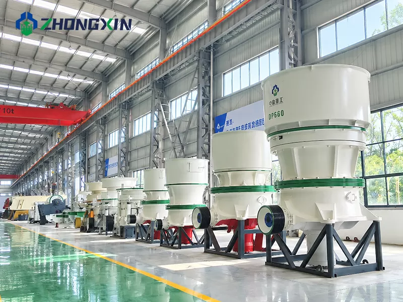 Row of DP series single cylinder hydraulic cone crushers in manufacturing workshop