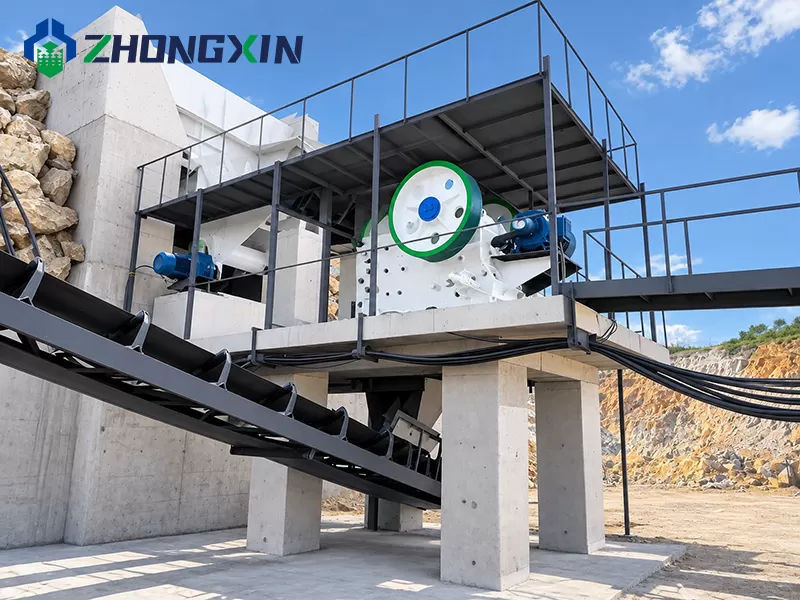 European jaw crusher installed in stationary aggregate crushing plant.