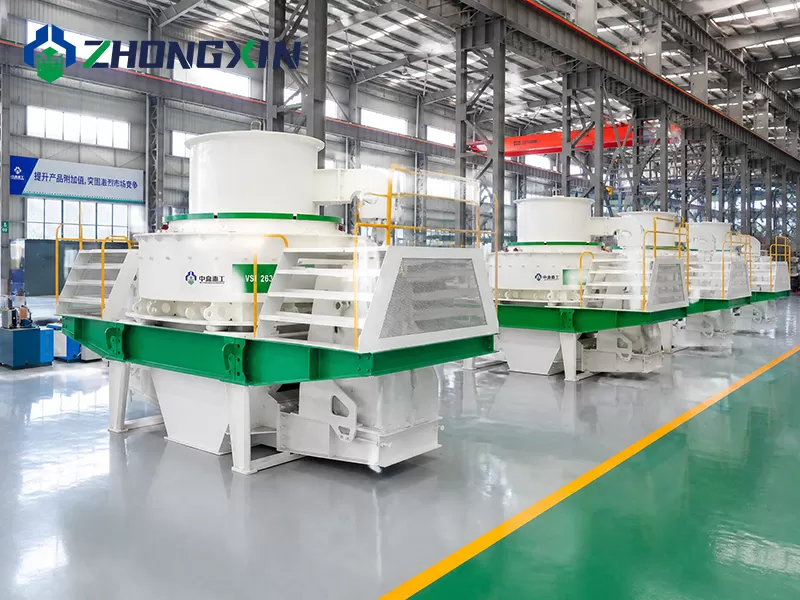 Heavy-duty VSI sand making machines lined up in factory warehouse at Zhongxin Heavy Industry