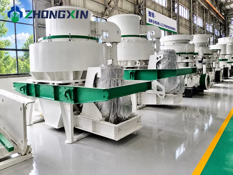Heavy-duty VSI sand making machines lined up in factory workshop at Zhongxin Heavy Industry