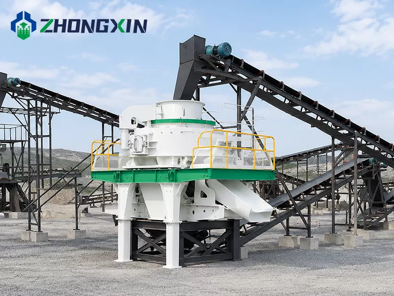VSI vertical shaft impact crusher operating with belt conveyor in stone crushing plant