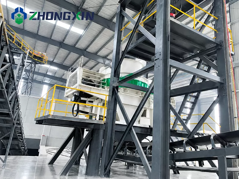 VSI sand maker mounted on heavy steel structure frame in aggregate plant