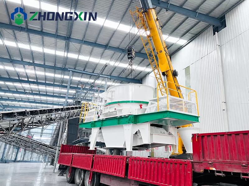 Unloading VSI vertical shaft impact crusher at client site ready for installation