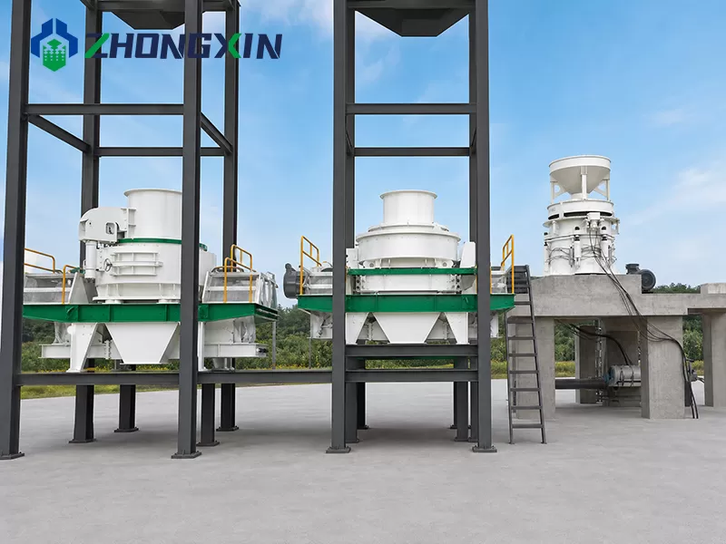 Double VSI sand making machines operating on steel platform in quarry plant