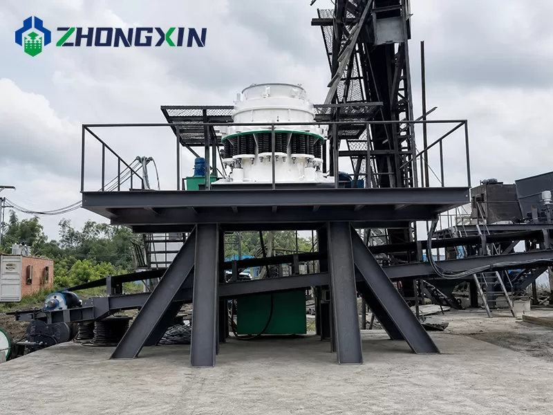 PSG series cone crusher machine installed on heavy steel structure platform in crushing plant