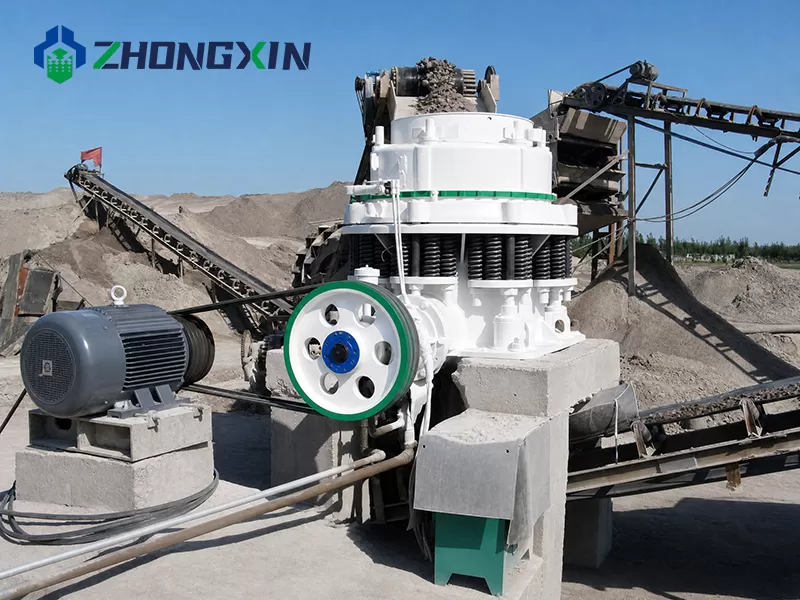 PSG Symons cone crusher working with belt conveyor system in quarry plant