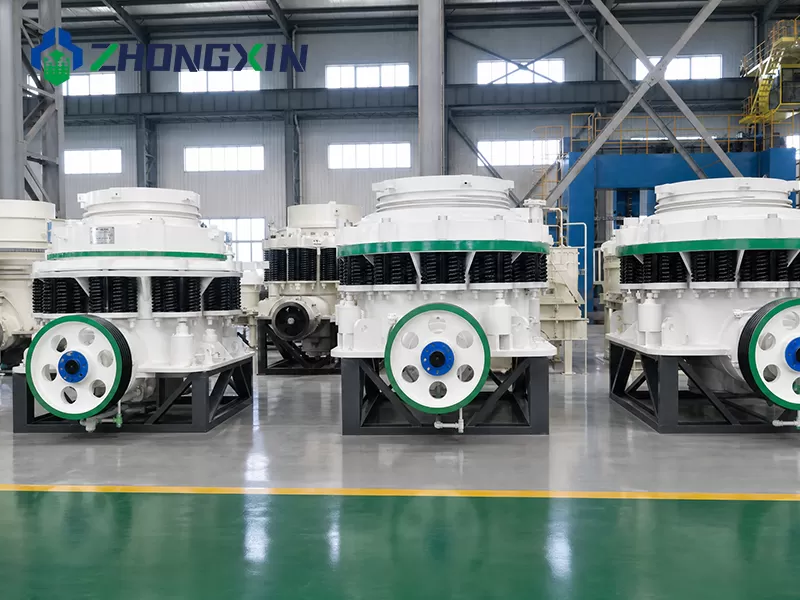 Heavy-duty PSG composite cone crushers lined up in workshop at Zhongxin Heavy Industry