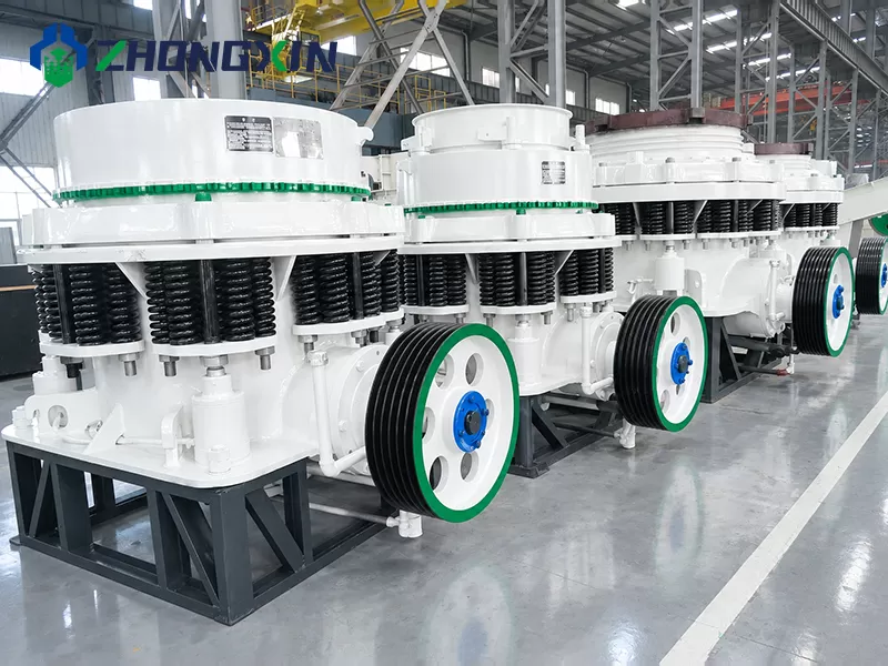 Side view of PSG Symons cone crusher showing overload protection spring assembly