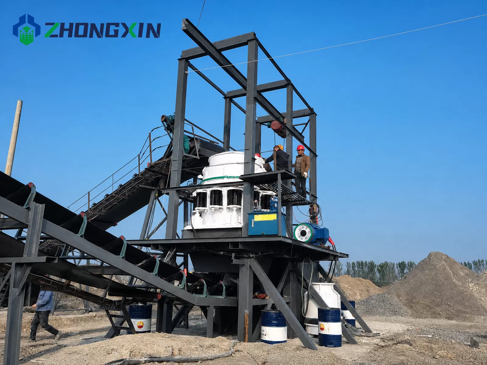 ZX compound cone crusher installed on elevated steel frame in aggregate crushing plant