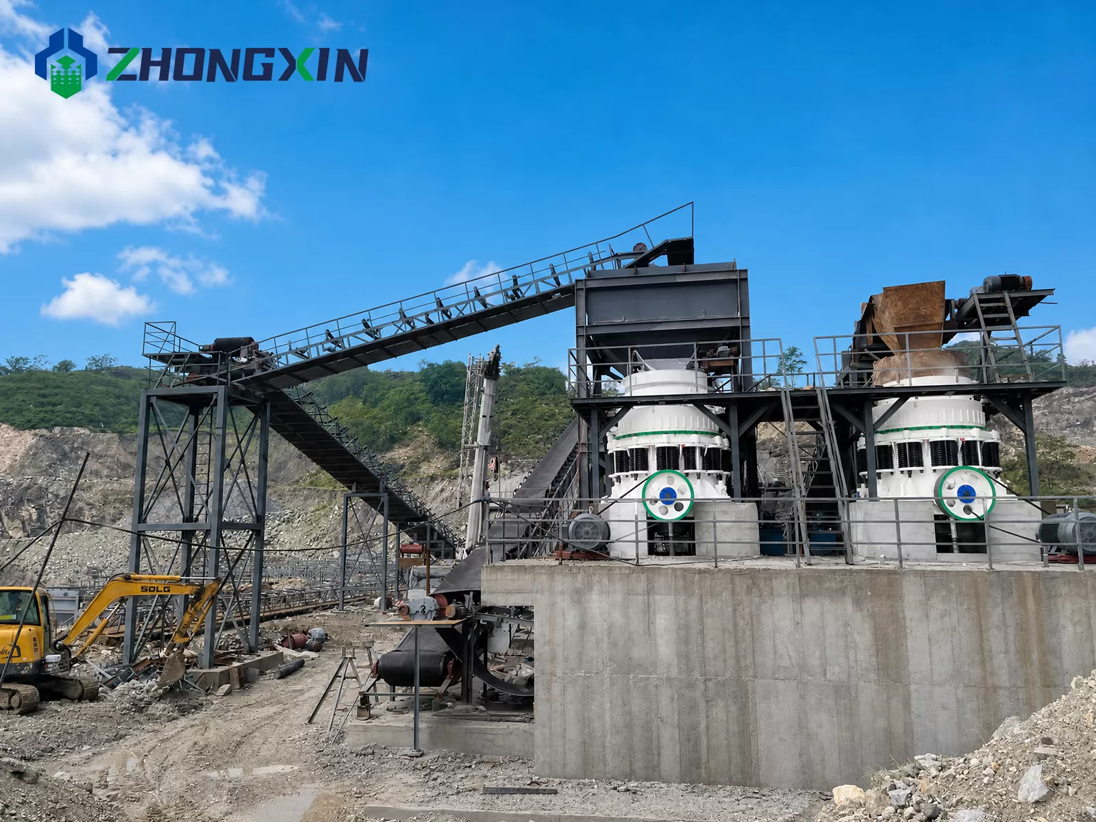 Secondary stone crushing plant featuring ZX series compound cone crusher in quarry