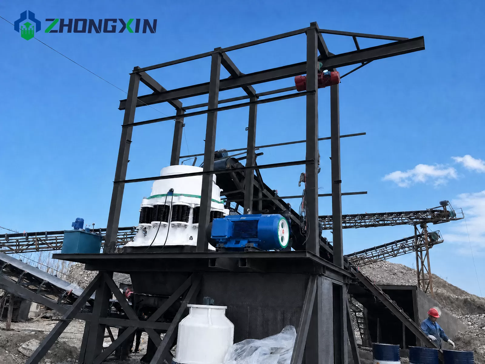 ZX compound cone crusher operating on steel platform in aggregate crushing line