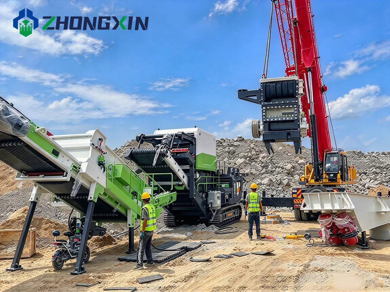 Jiaozuo Zhongxin 250 TPH tracked mobile impact crusher being assembled on site with crane in Mongolia